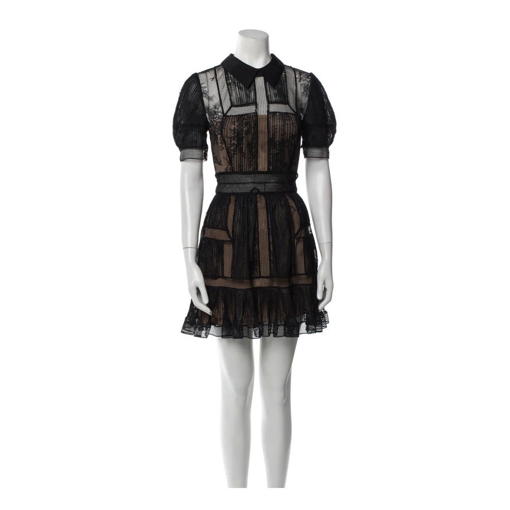 Self Portrait Short Sleeve W/ Collar Fine Lace Mini Dress Black size  US‎ 2/UK6
